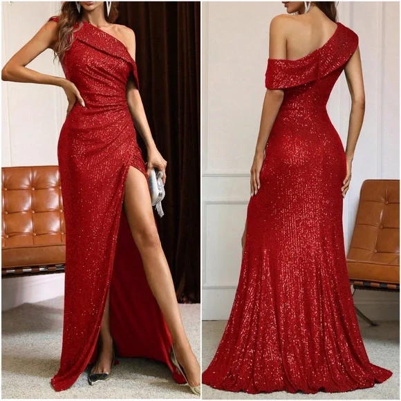 Luxe One Shoulder slit thigh party formal holidays Evening sequins dress